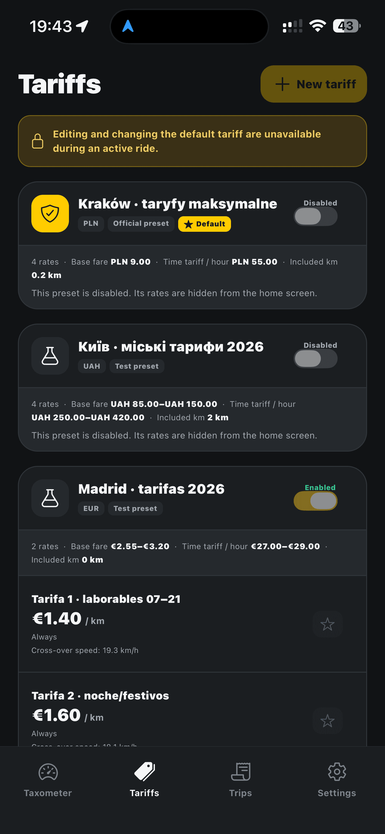 Tariffs for each city